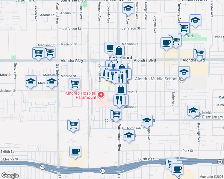 map of restaurants, bars, coffee shops, grocery stores, and more near 16254 Colorado Avenue in Paramount