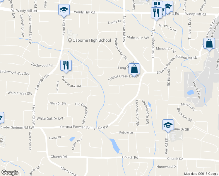 map of restaurants, bars, coffee shops, grocery stores, and more near 187 Timber Creek Lane Southwest in Marietta