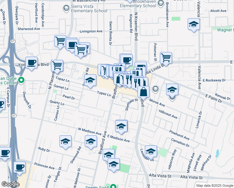 map of restaurants, bars, coffee shops, grocery stores, and more near 1274 Avon Place in Placentia