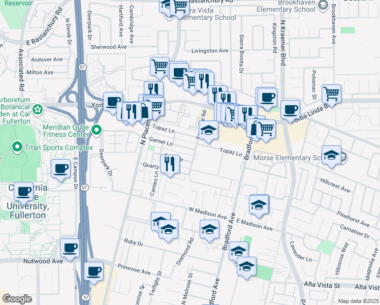 map of restaurants, bars, coffee shops, grocery stores, and more near 3166 Pearl Drive in Fullerton