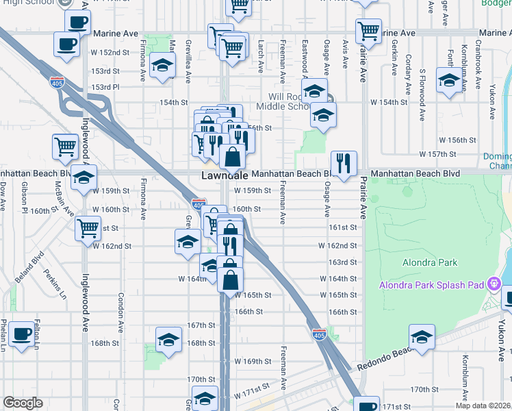map of restaurants, bars, coffee shops, grocery stores, and more near 4311 160th Street in Lawndale