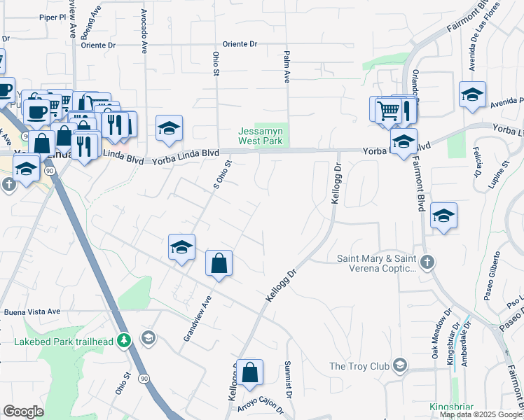 map of restaurants, bars, coffee shops, grocery stores, and more near 5072 Grandview Avenue in Yorba Linda