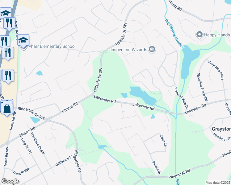 map of restaurants, bars, coffee shops, grocery stores, and more near 1429 Lakeview Road in Grayson