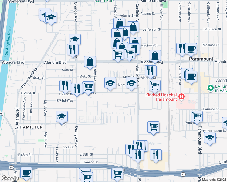 map of restaurants, bars, coffee shops, grocery stores, and more near 7229 Jackson Street in Paramount