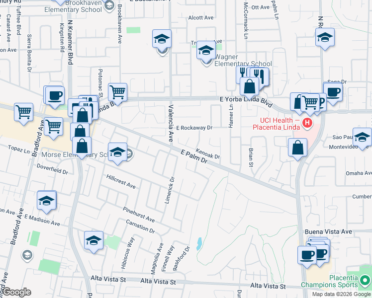 map of restaurants, bars, coffee shops, grocery stores, and more near 1279 Genoa Place in Placentia
