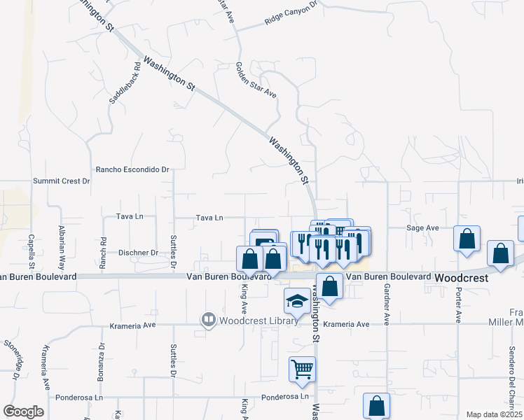map of restaurants, bars, coffee shops, grocery stores, and more near 16810 Tava Lane in Riverside