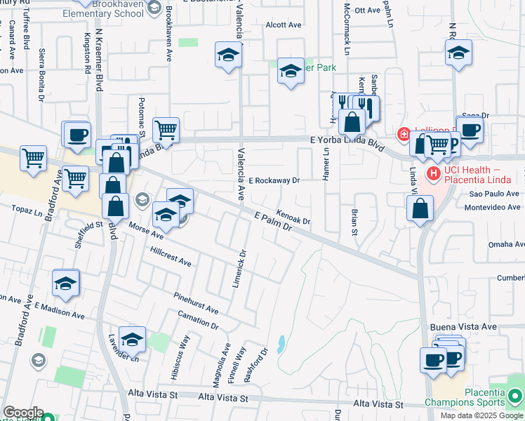 map of restaurants, bars, coffee shops, grocery stores, and more near 632 Kenoak Drive in Placentia