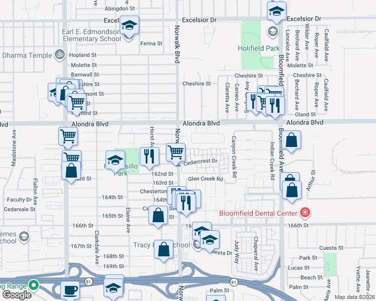 map of restaurants, bars, coffee shops, grocery stores, and more near 16011 Sugarpine Lane in Cerritos