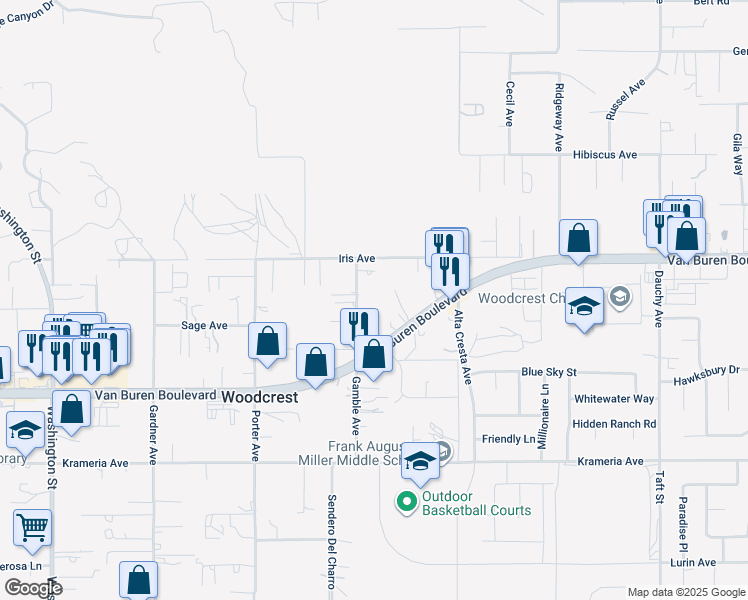 map of restaurants, bars, coffee shops, grocery stores, and more near 16100 Gamble Avenue in Riverside