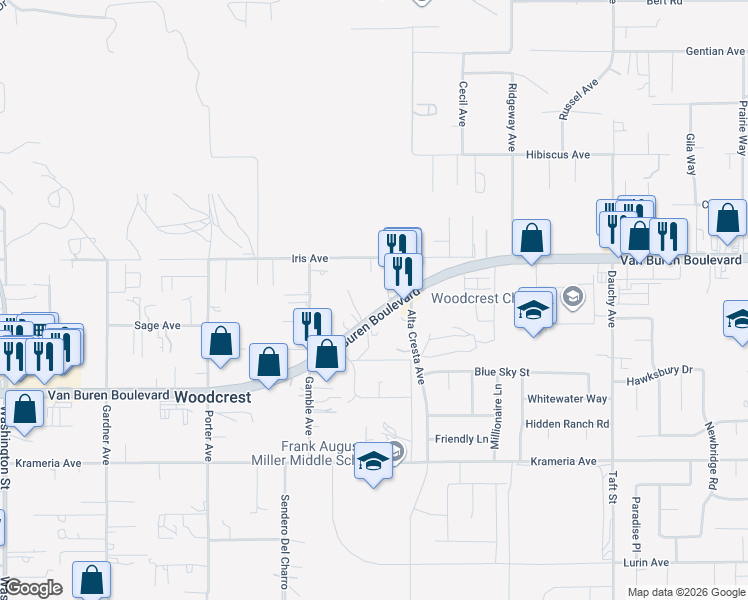 map of restaurants, bars, coffee shops, grocery stores, and more near Van Buren Boulevard in Riverside