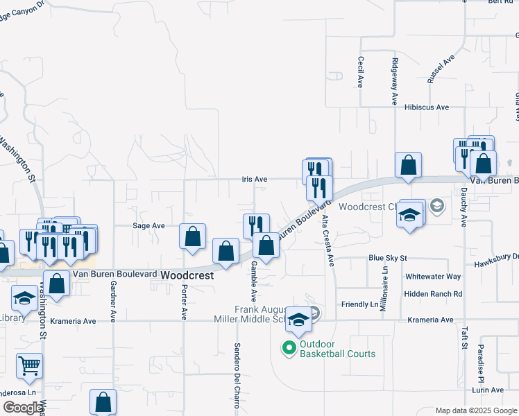 map of restaurants, bars, coffee shops, grocery stores, and more near 16100 Gamble Avenue in Riverside