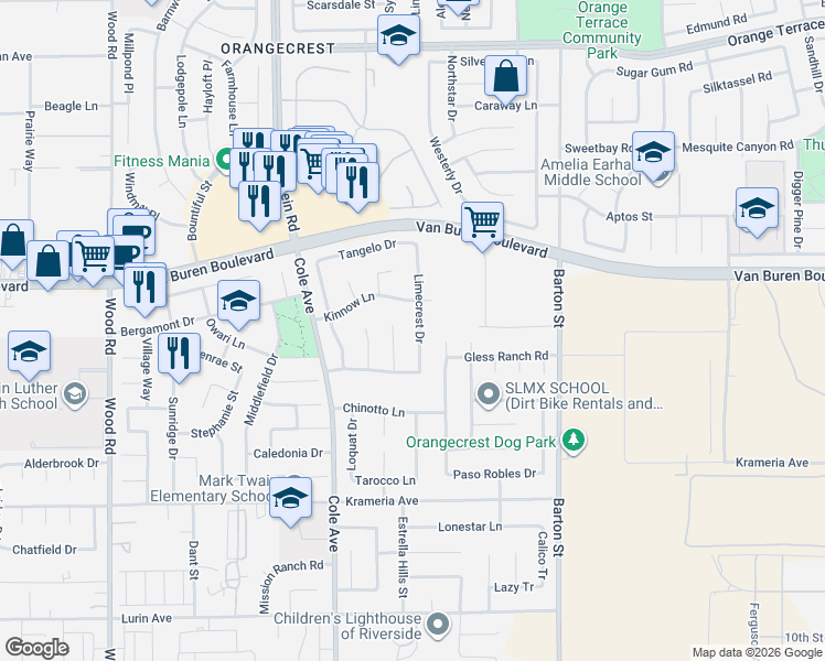 map of restaurants, bars, coffee shops, grocery stores, and more near 9157 Limecrest Drive in Riverside