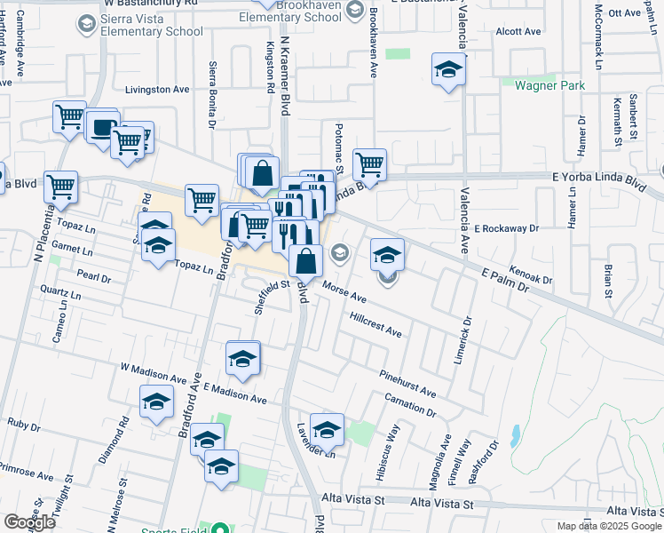 map of restaurants, bars, coffee shops, grocery stores, and more near 1301 Cypress Point Drive in Placentia