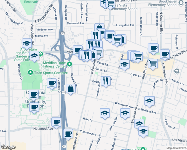 map of restaurants, bars, coffee shops, grocery stores, and more near 3101 Quartz Lane in Fullerton