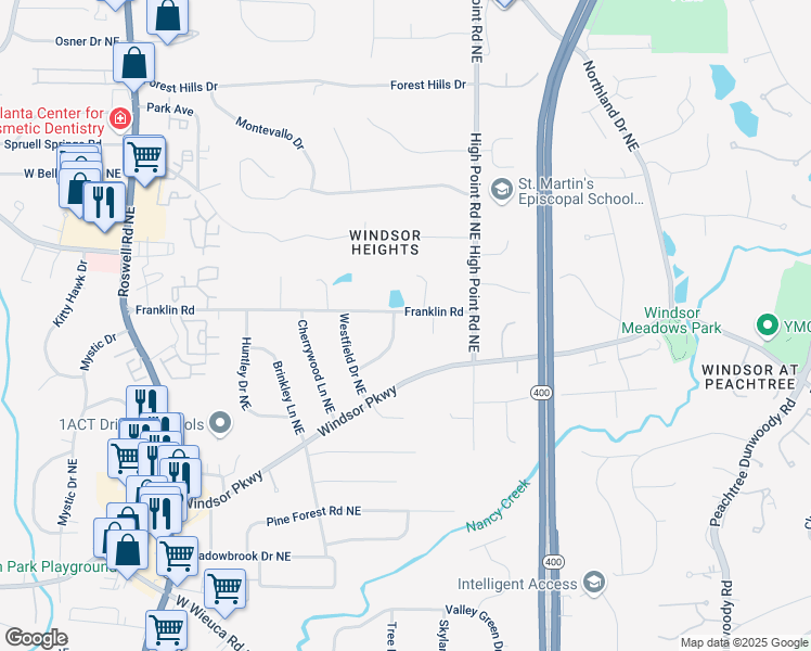 map of restaurants, bars, coffee shops, grocery stores, and more near 4895 Lansbury Drive Northeast in Atlanta