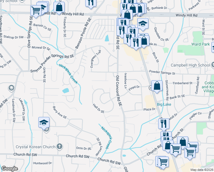 map of restaurants, bars, coffee shops, grocery stores, and more near 2804 Hall Drive Southeast in Smyrna