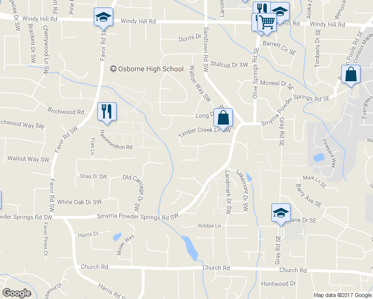 map of restaurants, bars, coffee shops, grocery stores, and more near 181 Timber Creek Lane Southwest in Marietta