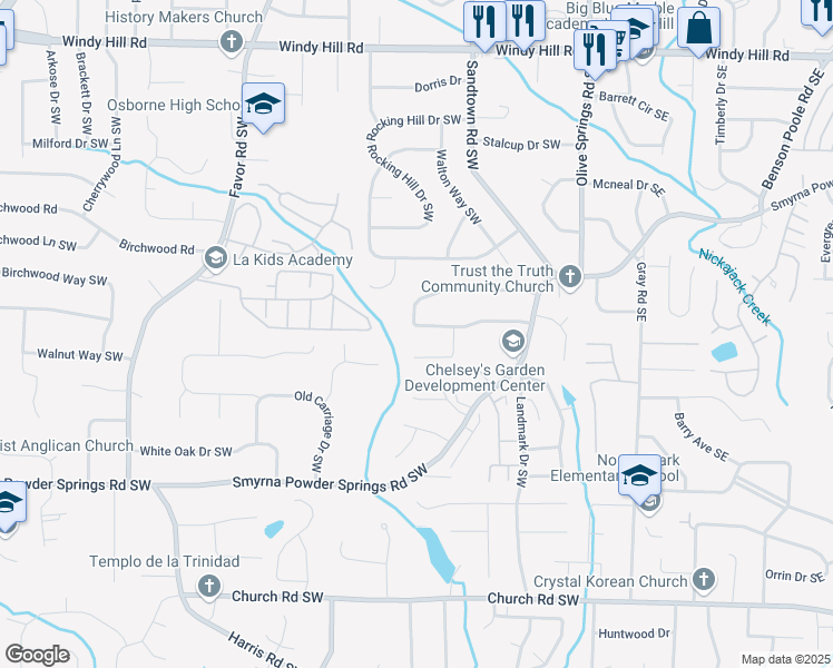 map of restaurants, bars, coffee shops, grocery stores, and more near 187 Timber Creek Lane Southwest in Marietta