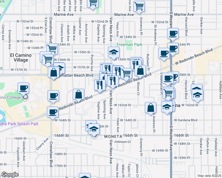 map of restaurants, bars, coffee shops, grocery stores, and more near Van Ness Avenue & West Redondo Beach Boulevard in Gardena