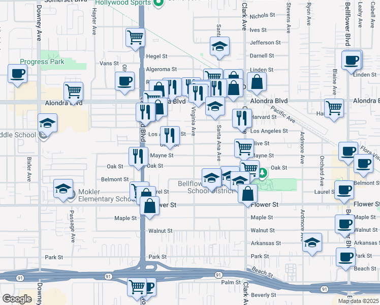 map of restaurants, bars, coffee shops, grocery stores, and more near 9153 Mayne Street in Bellflower
