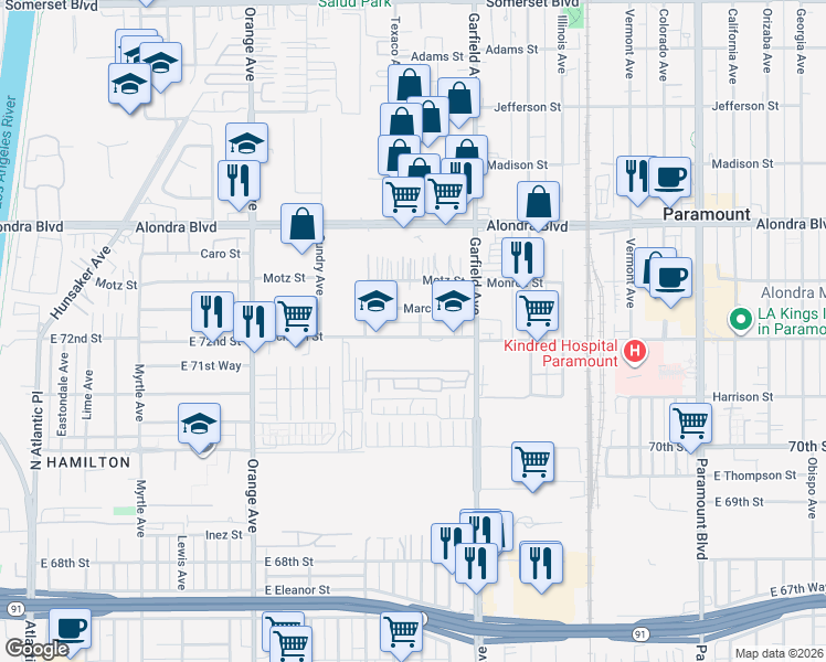 map of restaurants, bars, coffee shops, grocery stores, and more near 7259 Jackson Street in Paramount