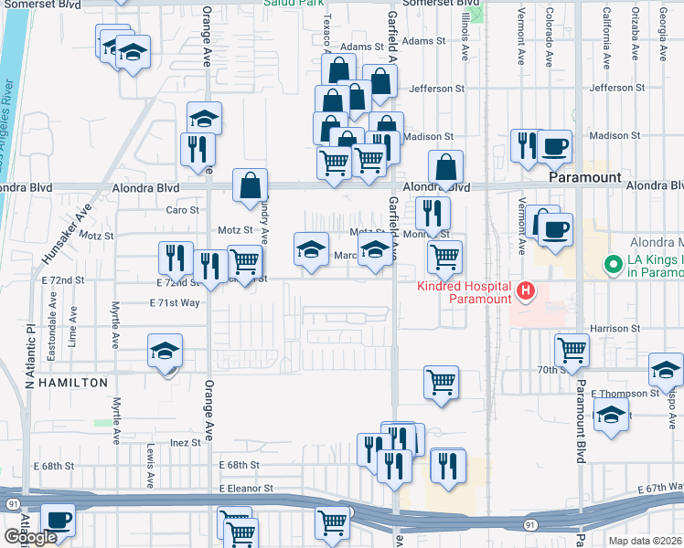 map of restaurants, bars, coffee shops, grocery stores, and more near 7259 Jackson Street in Paramount