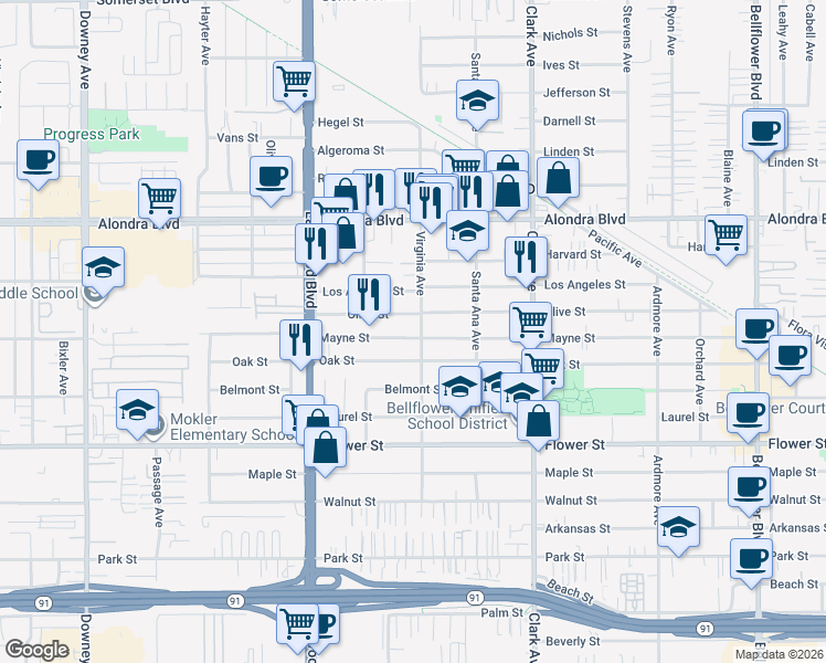 map of restaurants, bars, coffee shops, grocery stores, and more near 9159 Oak Street in Bellflower