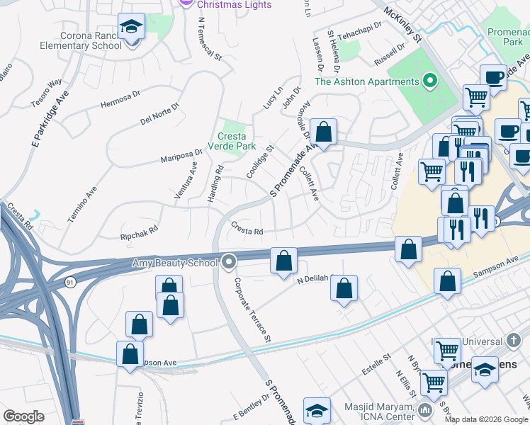 map of restaurants, bars, coffee shops, grocery stores, and more near 405 Arthur Circle in Corona
