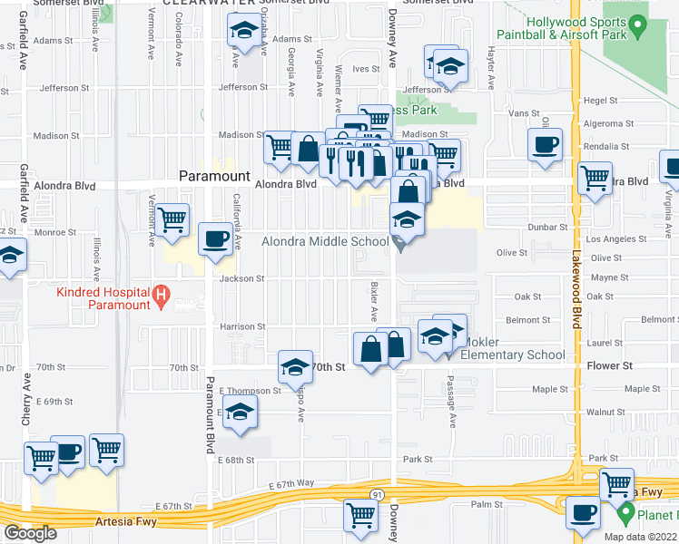 map of restaurants, bars, coffee shops, grocery stores, and more near 16413 Indiana Avenue in Paramount