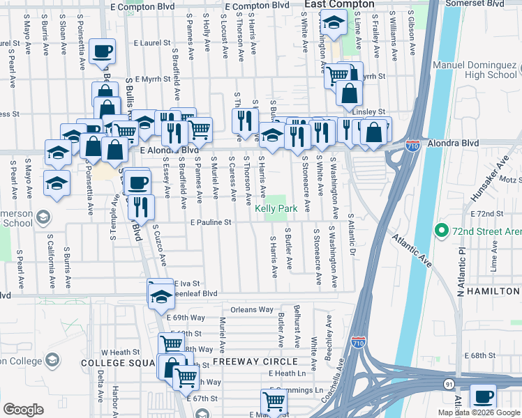 map of restaurants, bars, coffee shops, grocery stores, and more near 4040 East Pauline Street in Compton
