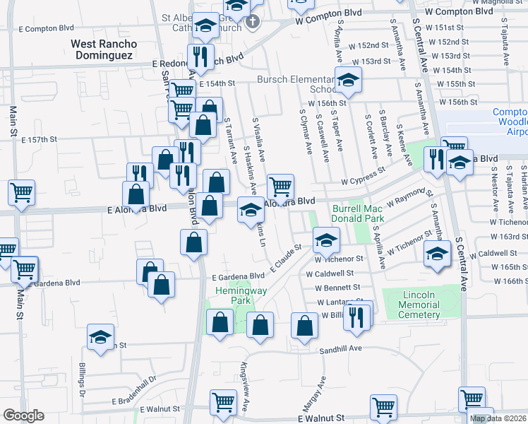 map of restaurants, bars, coffee shops, grocery stores, and more near 16135 Haskins Lane in Carson