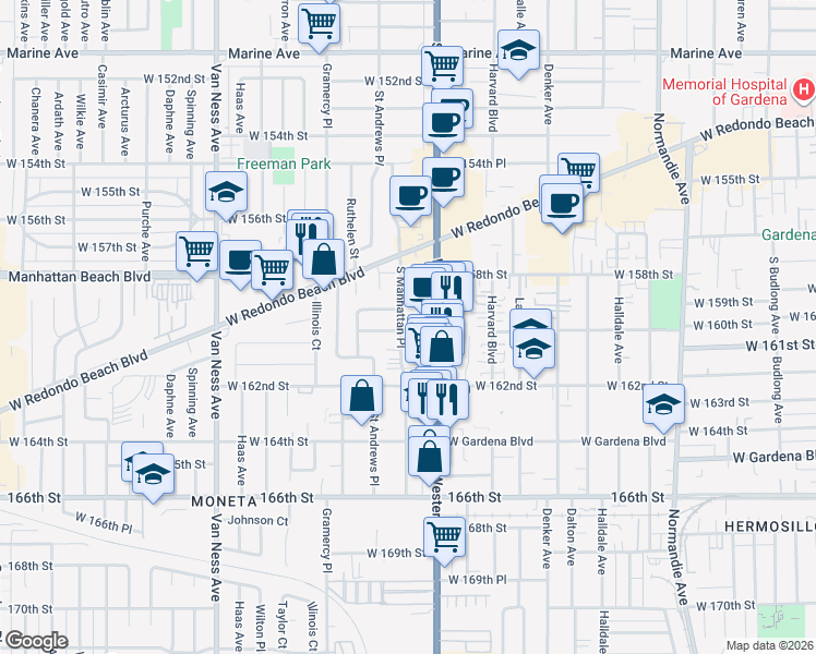 map of restaurants, bars, coffee shops, grocery stores, and more near 16017 South Manhattan Place in Gardena