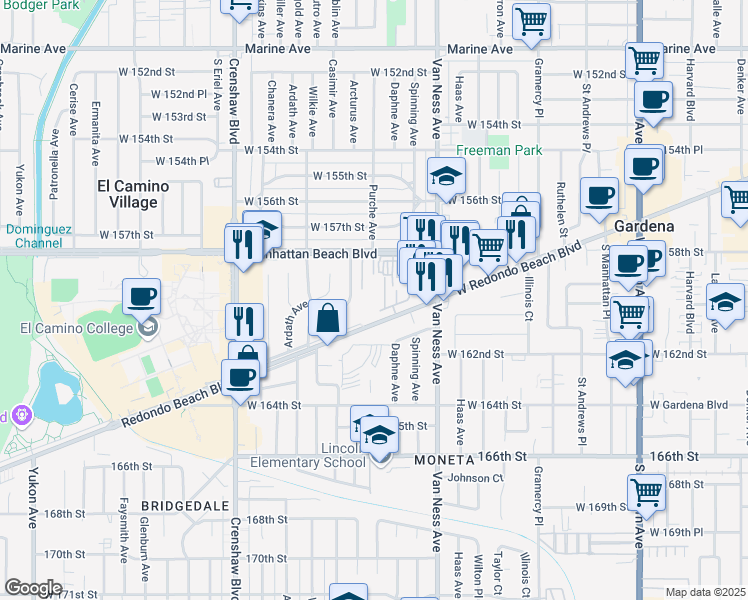 map of restaurants, bars, coffee shops, grocery stores, and more near 2501 West Redondo Beach Boulevard in Gardena