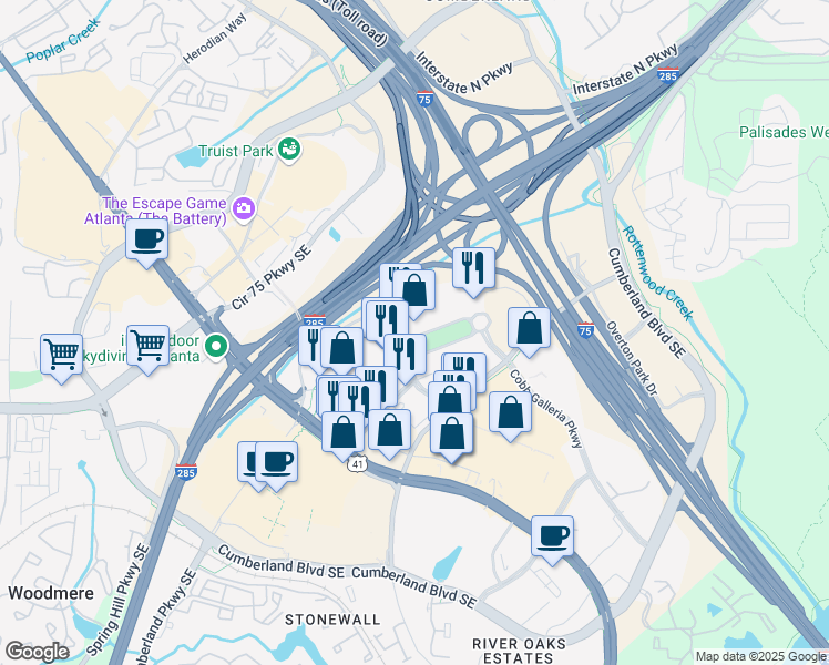 map of restaurants, bars, coffee shops, grocery stores, and more near 200 Galleria Parkway Southeast in Atlanta