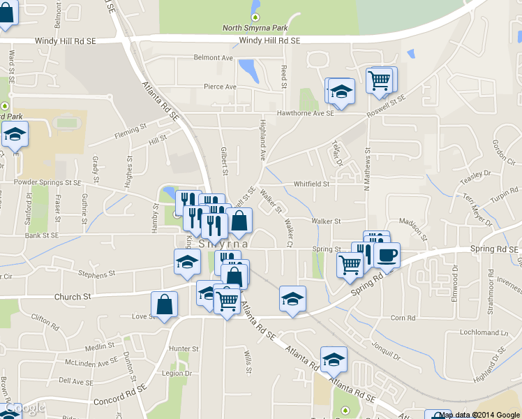 map of restaurants, bars, coffee shops, grocery stores, and more near 2794 Morris Circle in Smyrna