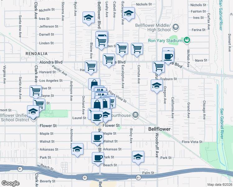 map of restaurants, bars, coffee shops, grocery stores, and more near 9921 Flora Vista Street in Bellflower