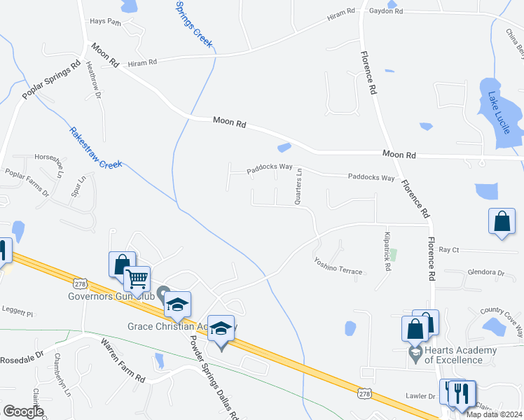 map of restaurants, bars, coffee shops, grocery stores, and more near 5491 Quarters Way in Powder Springs