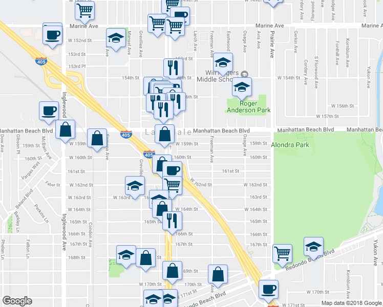 map of restaurants, bars, coffee shops, grocery stores, and more near 4232 160th Street in Lawndale
