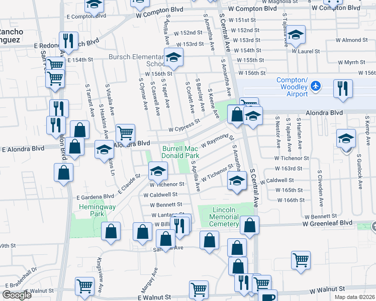 map of restaurants, bars, coffee shops, grocery stores, and more near 917 South Aprilia Avenue in Compton