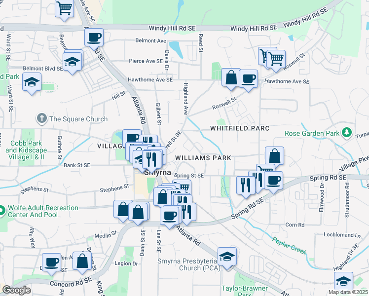map of restaurants, bars, coffee shops, grocery stores, and more near 2792 Morris Circle in Smyrna