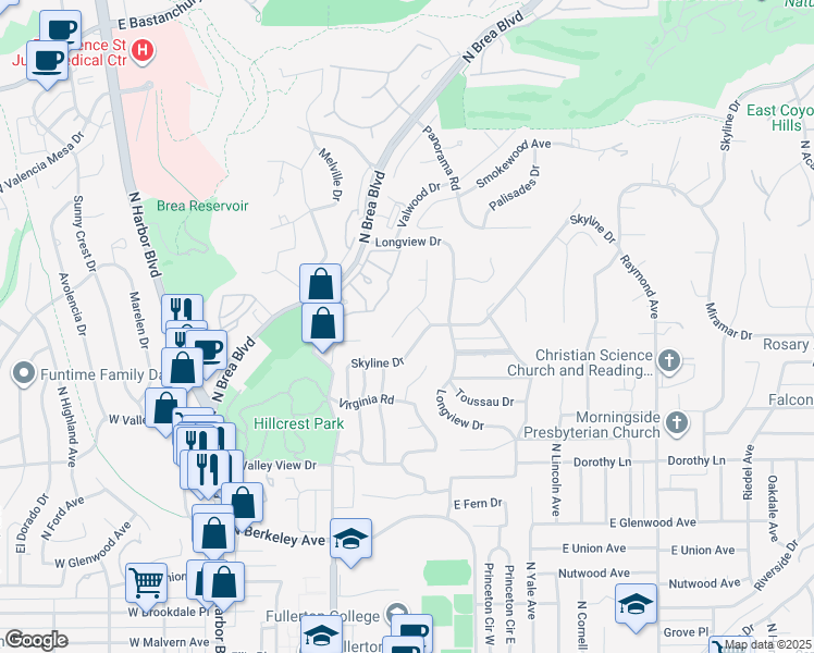 map of restaurants, bars, coffee shops, grocery stores, and more near 1430 Shadow Lane in Fullerton