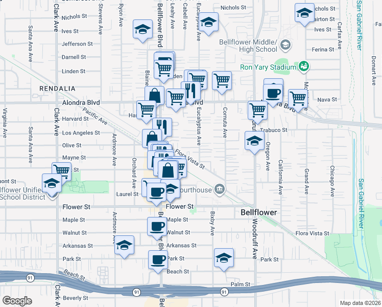 map of restaurants, bars, coffee shops, grocery stores, and more near 9921 Flora Vista Street in Bellflower