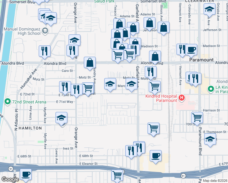 map of restaurants, bars, coffee shops, grocery stores, and more near 7247 Marcelle Street in Paramount