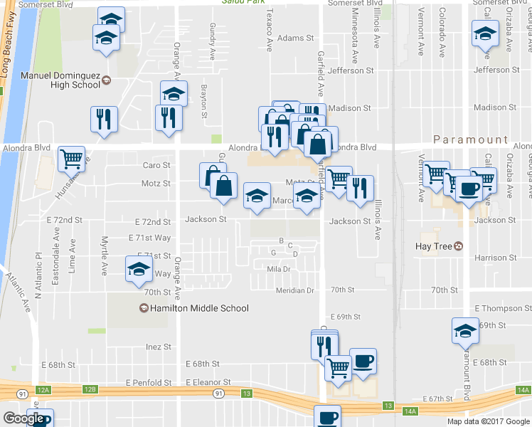 map of restaurants, bars, coffee shops, grocery stores, and more near 7229 Jackson Street in Paramount