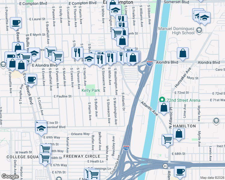 map of restaurants, bars, coffee shops, grocery stores, and more near 1208 South White Avenue in Compton