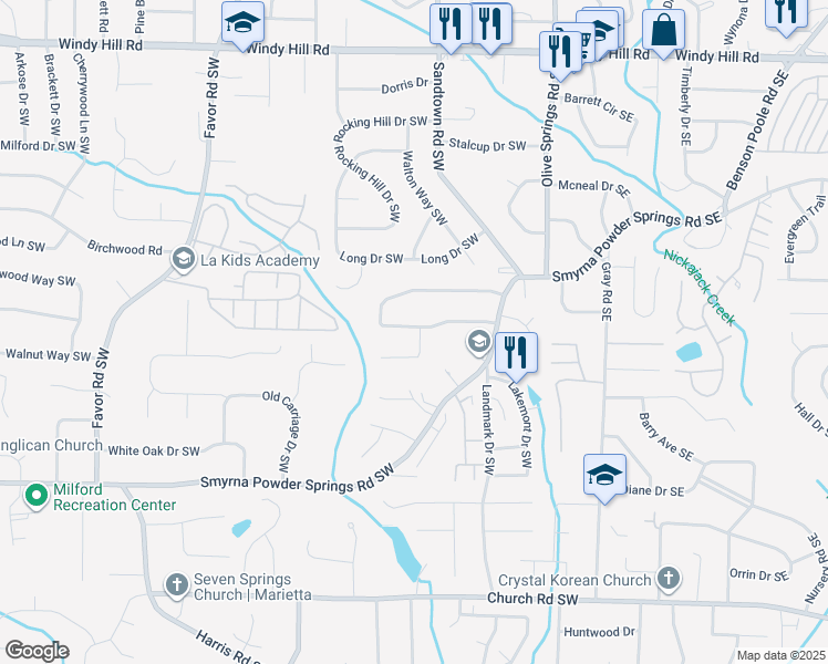 map of restaurants, bars, coffee shops, grocery stores, and more near 168 Timber Creek Lane Southwest in Marietta