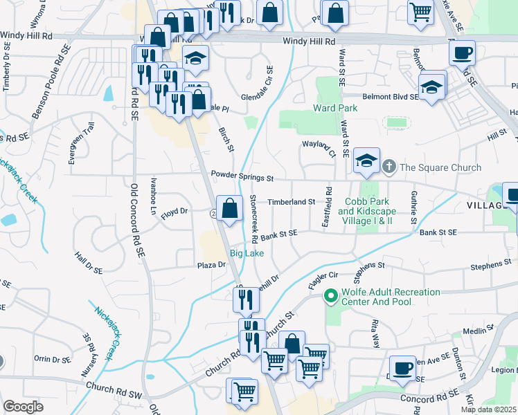 map of restaurants, bars, coffee shops, grocery stores, and more near 2771 Stonecreek Road in Smyrna