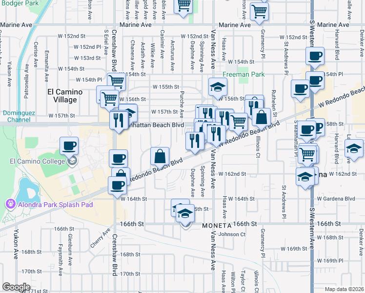 map of restaurants, bars, coffee shops, grocery stores, and more near 2501 West Redondo Beach Boulevard in Gardena