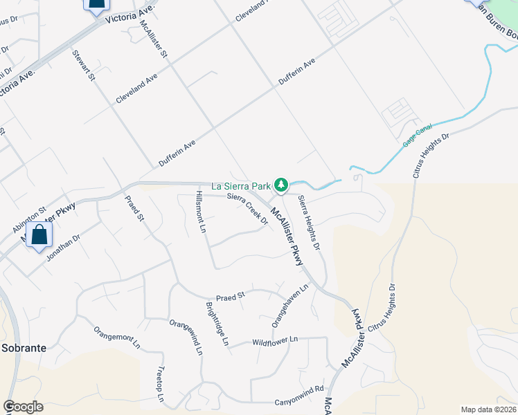 map of restaurants, bars, coffee shops, grocery stores, and more near 12774 Sierra Creek Drive in Riverside