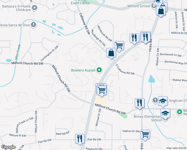 map of restaurants, bars, coffee shops, grocery stores, and more near 2727 Waymar Drive Southwest in Marietta
